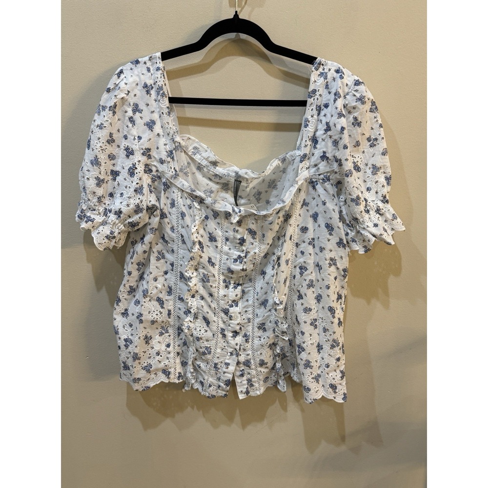 NWT Anthropologie Puff-Sleeve Eyelet Top Cotton Ivory Blue Floral Size Large - Picture 5 of 13